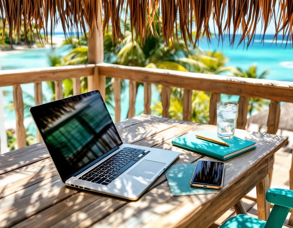 A laptop and notebook on a sunny deck overlooking a turquoise ocean